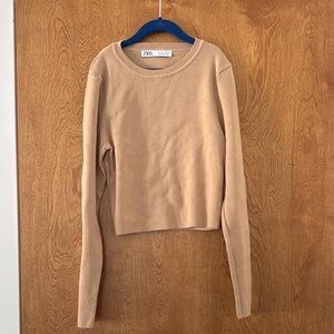 Zara Tan Fitted Ribbed Long Sleeve Hoodie